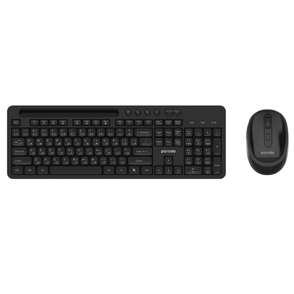 Porodo Wireless 2.4G+BT Keyboard with Pen/Phone Tray and Mouse - Black