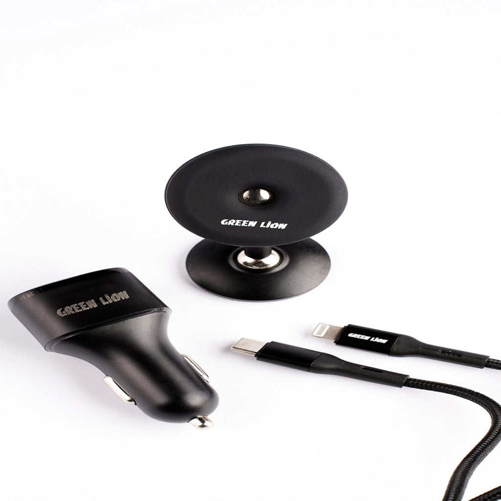 Green 3 in 1 Combo ( Magnetic Car Holder / Car Charger 20W PD-QC / USB-C to Lightning Cable 1.2M 20W ) - Black