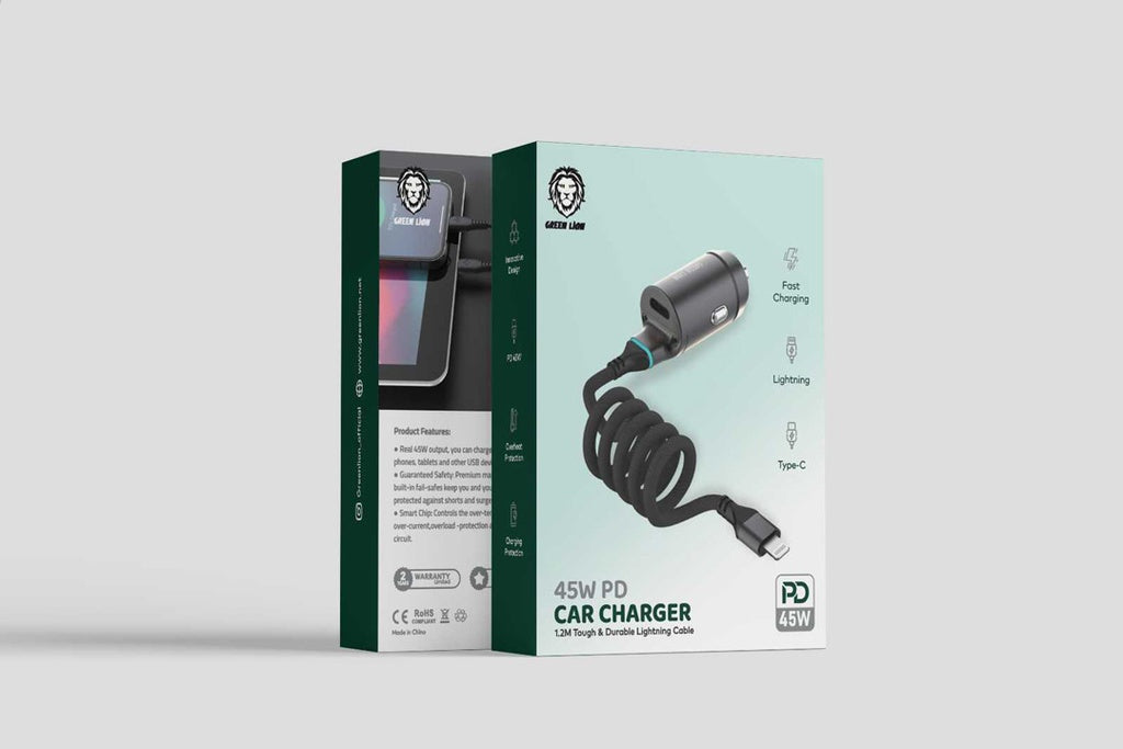 Green Lion 45W PD Car Charger , Type-C Port & Lightning Cable