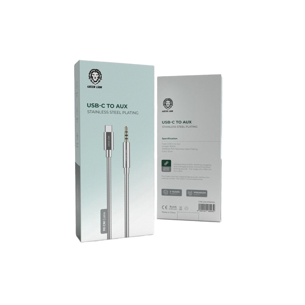 Green Lion Non-MFi USB-C to AUX 3.5mm Stainless Steel Plating Cable 90cm- Silver