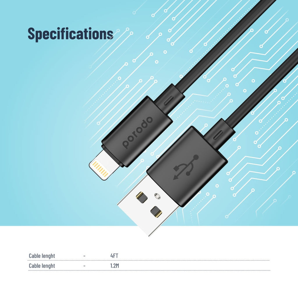 Porodo Blue 3A USB A to Lightning PVC Cable 1.2M - Black