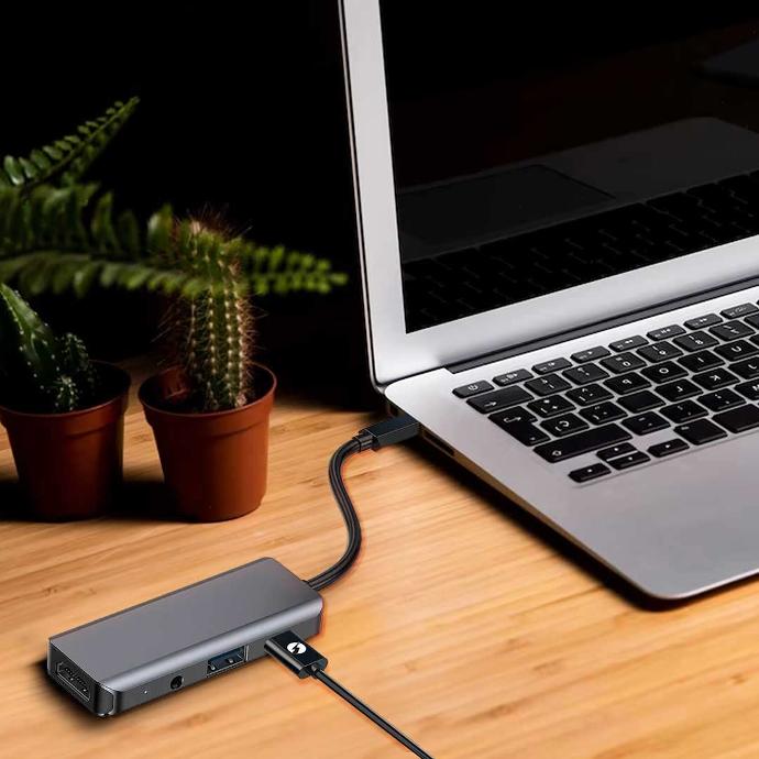 Porodo 4in1 USB-C Hub Type-C PD 100W HDMI USB 3.5mm Aux - Grey