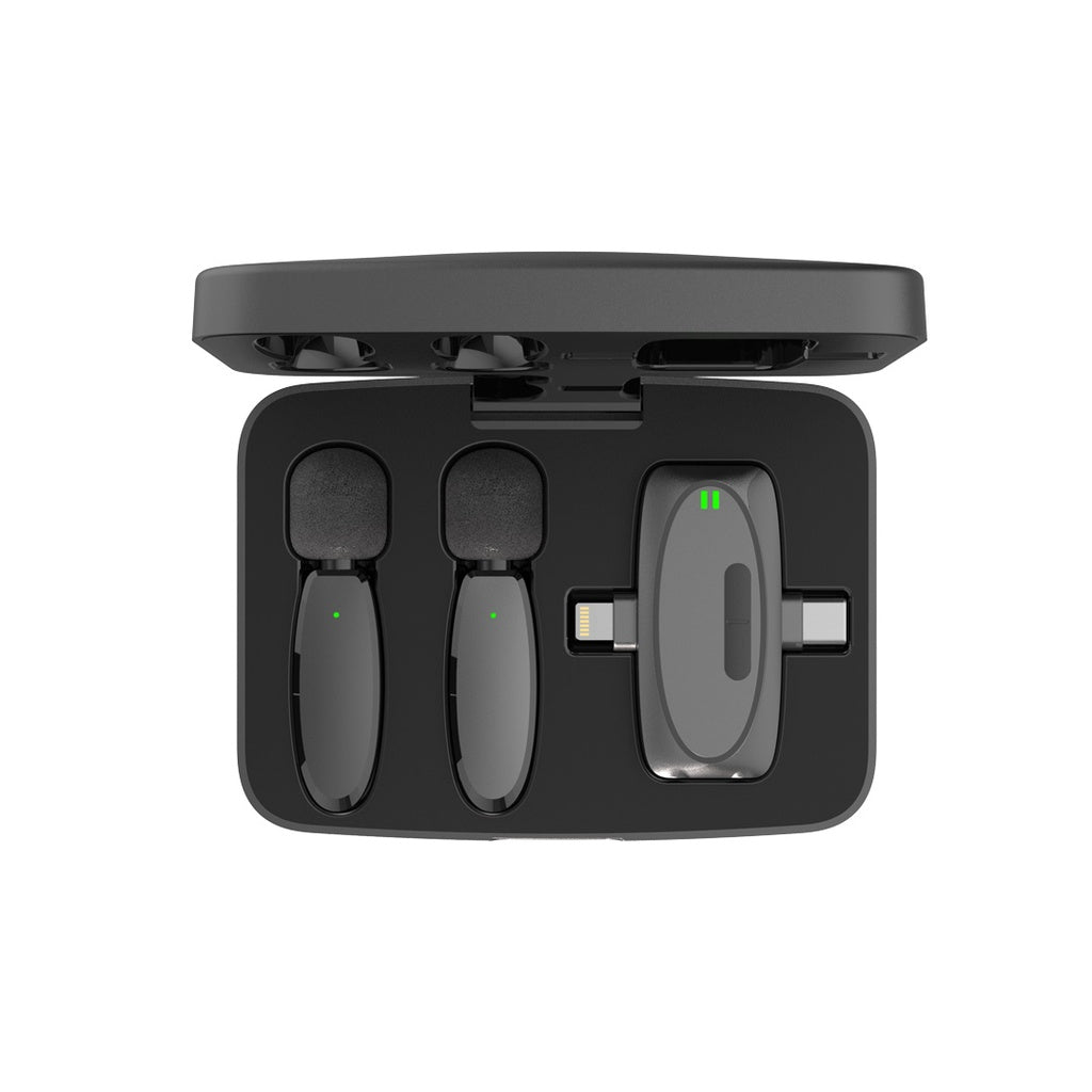 Porodo Dual Connector Lavalier Microphone Dual Mic with Charging Case- Black